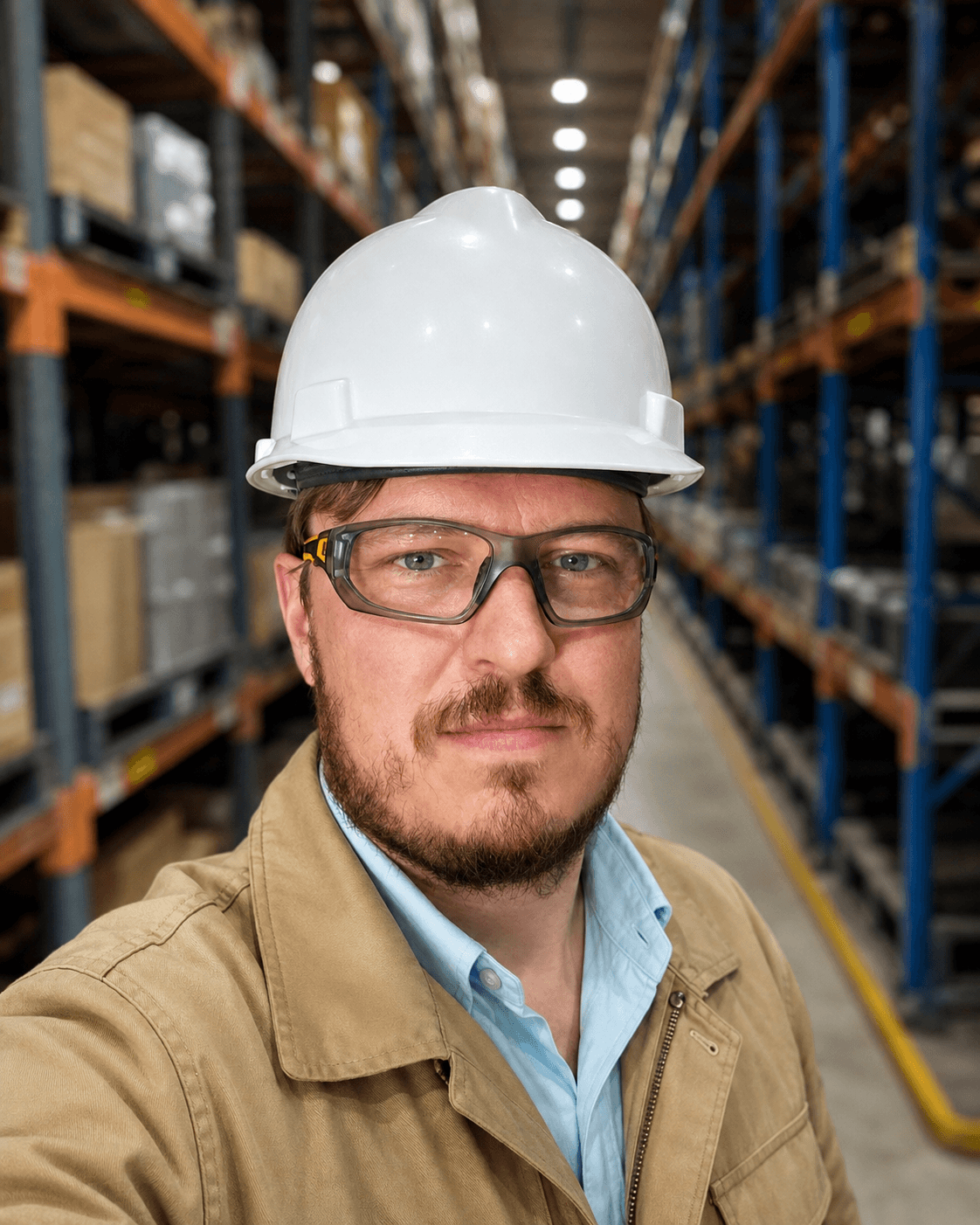 Matvey Berdnikov on-site in an equipment warehouse